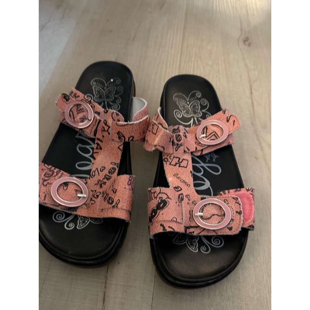 Alegria Red Pink Scribble Leather Slide Sandals Adjustable Straps  Size 38